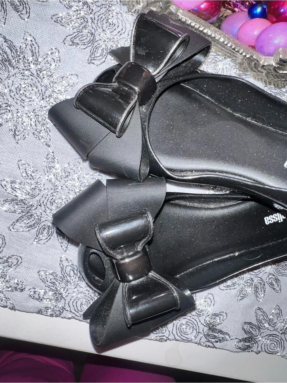 Mini Melissa Black Bow Jelly Flats with Gloss sparkle Accents
